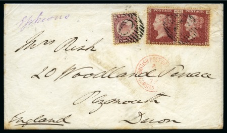 Stamp of British Levant  1879 (Aug 5) Envelope with GB 1870-79 1/2d pl.15 and 1864-79 1d red pl.196 pair