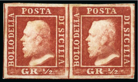 Stamp of Italian States » Sicily 1859 1/2Gr Proof in carmine on card, horizontal pair,