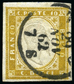 Stamp of Italian States » Sardinia 1858 10c Olive-yellow (giallo olivastro) cancelled