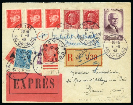 Stamp of France 1943 1F20 +1F40 violet-brun et afft complémentaire