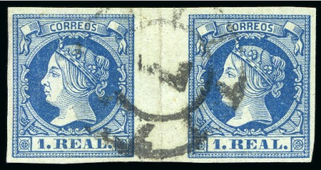 Stamp of Spain 1860 Isabella II 1R Blue, horizontal GUTTER PAIR, centrally cancelled