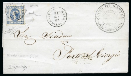 Stamp of Italy 1863 15c blue, type II, large even margins, neatly tied by 'S.ELPIDIO A MARE/31.DEC.63' cds being the last day of usage, very fine and extremely rare, cert. Enzo Diena (1987), Colla (2017)
