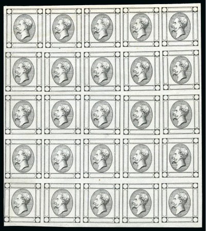 Stamp of Italy 1863 (15c) Black, Proof block of 25 showing effigie without text nor value