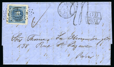 Stamp of Peru 1860-61 1d Blue tied by LIMA 123 pmk on folded cover to Paris/France,