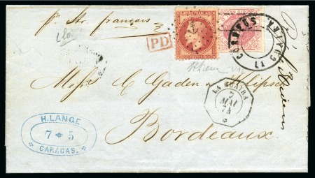 Stamp of Venezuela 1873 Coat-of-Arms 1/2r pale rose tied by CORREOS LA GUAIRA in mixed franking with France