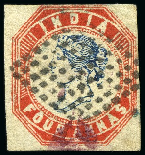 Stamp of India 1854 4a blue and red, 4th printing, Head III, Frame II, used with clear to good margins, cancelled with diamond of dots and purple ink marks, cert. BPA (2015) (SG £550)