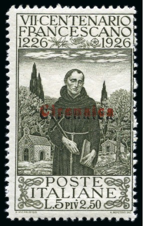 Stamp of Italy » Italian Colonies and Possessions » Cyrenaica (Cirenaica) 1926 San Francesco 5L + 2.50L olive, mint nh, showing double ovpt in red and black, fresh, very fine and rare in this quality