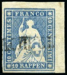 Stamp of Switzerland / Schweiz » Sitzende Helvetia Ungezähnt » Münchner Druck, 2. Auflage 10Rp blau, überrandige Bogeneckemarke, dazu noch eine