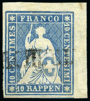Stamp of Switzerland / Schweiz » Sitzende Helvetia Ungezähnt » Münchner Druck, 2. Auflage 10Rp blau, überrandige Bogeneckemarke, dazu noch eine