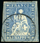 Stamp of Switzerland / Schweiz » Sitzende Helvetia Ungezähnt » Münchner Druck, 2. Auflage 10Rp blau, überrandige Bogeneckemarke, dazu noch eine