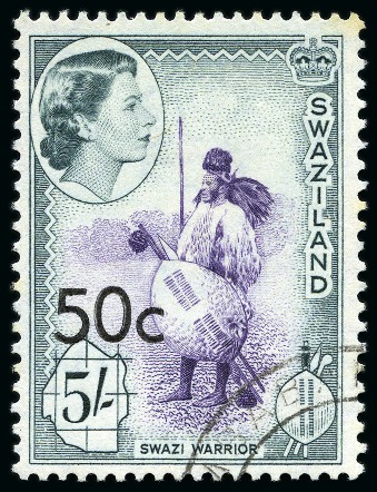 Stamp of Swaziland 1961 50c on 5s, surcharge type III, used single, very