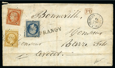 Stamp of France 1854 Lettre pour Bonneville avec afft tricolore (déf.) 40c Cérès +10c et 20c Empire ND, déf., tarif non expliqué