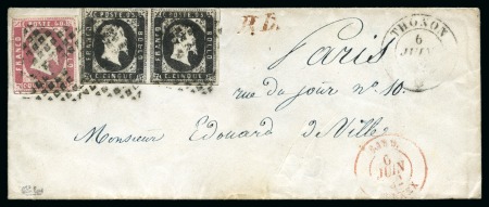 Stamp of Auction catalogues THONON 40c Iè +paire de 5c Iè ( touchés) obl. grille,