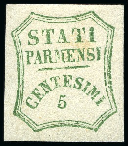 Stamp of Italian States » Parma 1859 5c verde azzurro, " nuovo con gomma", cert. Sorani