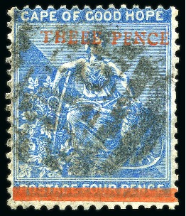 Stamp of South Africa » Cape of Good Hope 1879 3d on 4d blue, used, showing "THEEE" for "THREE", fine and scarce (SG £275)