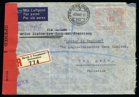 Stamp of Switzerland / Schweiz » Schweiz ab 1907 1940 Zensurbrief von Zürich nach Tel-Aviv, via New