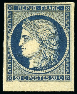 Stamp of France 20c bleu non émis avec bord de feuille avec certificat Roumet. Pièce d'amateur car il existe peu de pièce avec bord de feuille.