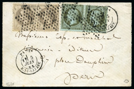 Stamp of France 1864 1c Empire dentelé en paire +4c Lauré en paire obl. étoile 2 sur lettre de Paris 05.06.1864 pour Paris, TB, rare, signé Calves, Roumet