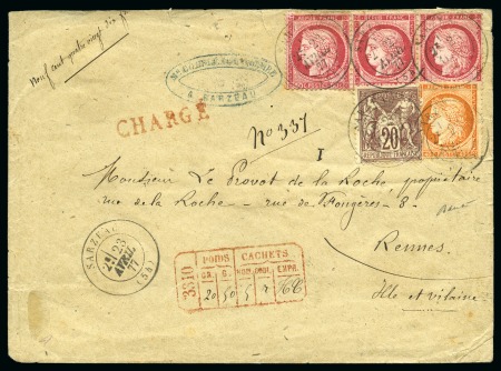 Stamp of France Lettre chargée de Sarzeau 23.04.1877 pour Rennes avec