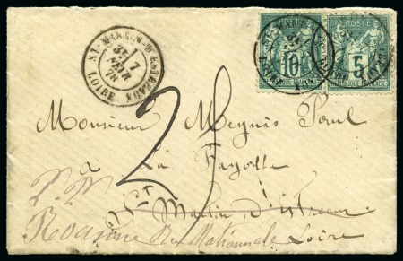 Stamp of France Yv. 75+76 obl. càd St Martin d'Estreaux 07.02.1878