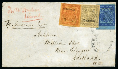 Stamp of South Africa » Transvaal Unique Three colour combination1877 Envelope to Scotland,
