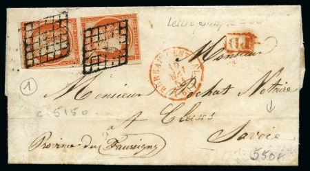 Stamp of France 1849 40c orange en paire sur lettre de 1853 à destination de la Savoie