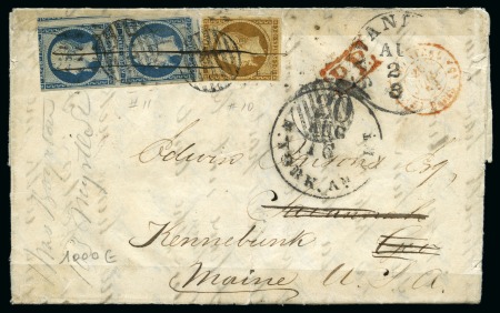 Stamp of France 1852 10c Présidence +25c Présidence en paire sur lettre à destination des Etats-Unis, cachet d'arrivée américain sur les timbres français, la série complète sur lettre