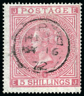 Stamp of Great Britain » 1855-1900 Surface Printed 1867-83 Wmk MC 5s rose pl.1 with Hull cds, very fine