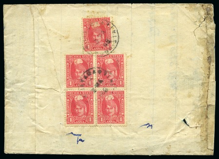 Stamp of Indian States » Orchha 1939-42 1a scarlet, block of four and single tied on cover