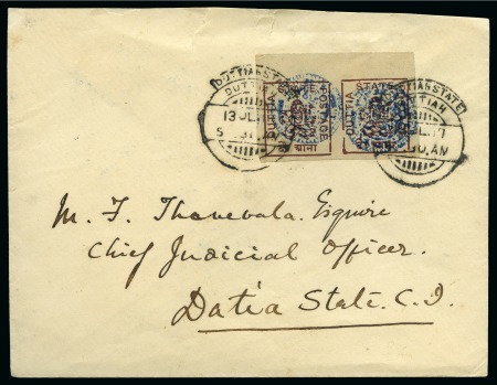 Stamp of Indian States » Duttia 1916 1a purple imperf. pair on 13 JL 1917 cover