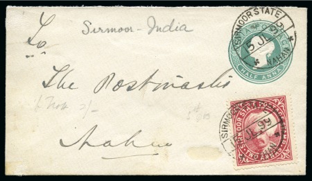 Stamp of Indian States » Sirmoor 1885-96 2a carmine, neatly tied on India 1/2a green, stationery envelope, by SIRMOOR STATE/15.JL.99 cd