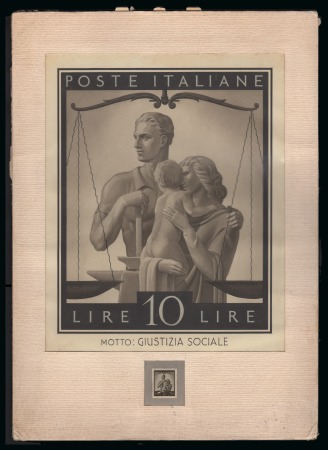 Stamp of Italy 1945-48 'Democratica' photographic proof, 10 Lire enlarged and stamp size proof mounted on carton, very fine and rare