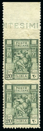 Stamp of Italy » Italian Colonies and Possessions » Libya 1926-29  Libyan Sibyl issue: 20c green, mint nh top marginal pair imperf. between, hinge in margin only, fresh, very fine & scarce (Sass. €4'000)