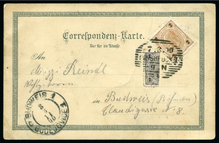 Stamp of Austria 1900 Rare bisect usage of the 1k grey together with 2k brown