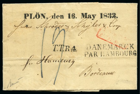 Stamp of German States » Schleswig-Holstein 1833 Cover to France with rare linear "PLÖN, des 16.
