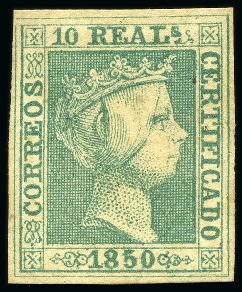 Stamp of Spain 1850 Isabel II 10r green, unused, fresh & very fine,