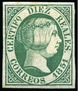 Stamp of Spain 1851 Isabel II 10r green, unused, fresh & very fine,