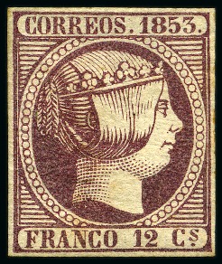 Stamp of Spain 1853 Isabel II 12c violet, mint lh, light aging on