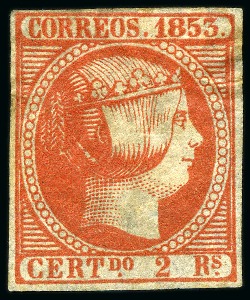 Stamp of Spain 1853 Isabel II 2r vermilion, unused, light ageing and