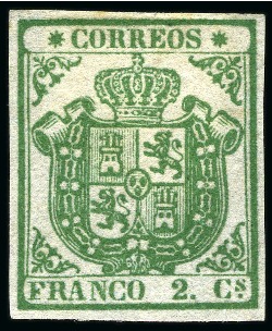Stamp of Spain 1854 Coat of Arms 2c green, unused, fresh & very fine,