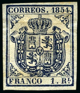 Stamp of Spain 1854 Coat of Arms 1r dark blue, unused, slight horizontal