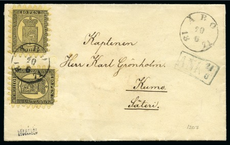 Stamp of Finland 1866-67 10p Black on yellow, Roulette III, two examples