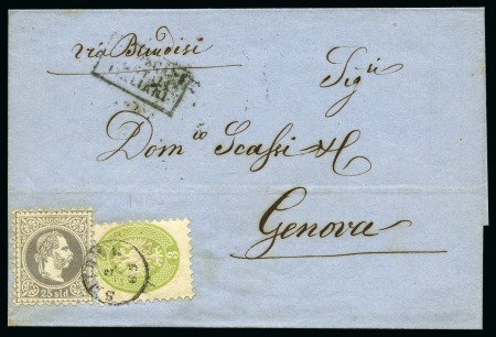 Stamp of Austria » Austrian Levant 1869 Folded cover to Genova franked by 1867 25s Grey