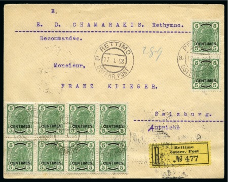 Stamp of Austria » Austrian Levant 1908 Envelope sent registered to Austria with 5c on 5h block of 8 and vert. pair tied by RETTIMO cds