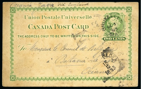 Stamp of Belgium 1893 Postal stationery card to Netherlands Indie of Canada 2c green BRUXELLES postmark
