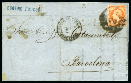Stamp of Spain SPAIN 1863 Folded lettersheet from France with 40C bearing on arrival Spanish numeral postmark '2'