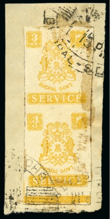 Stamp of Indian States » Bhopal 1944-49 3a yellow imperf. marginal vertical pair tied to small fragment