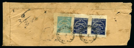 Stamp of Indian States » Charkhari 1930-45 1p deep blue, imperf. between pair and 2a light blue, all used on reverse of native cover, scarce