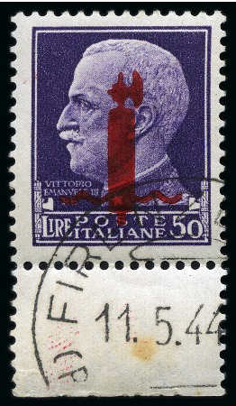 Stamp of Italy 1944 50L Violet with carmine overprint, lower marginal with CTO cds