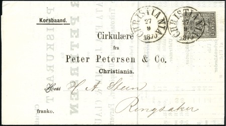 Stamp of Norway 1sk1 black, single franking tied by CHRISTIANIA cds to 1870 folded printed entire